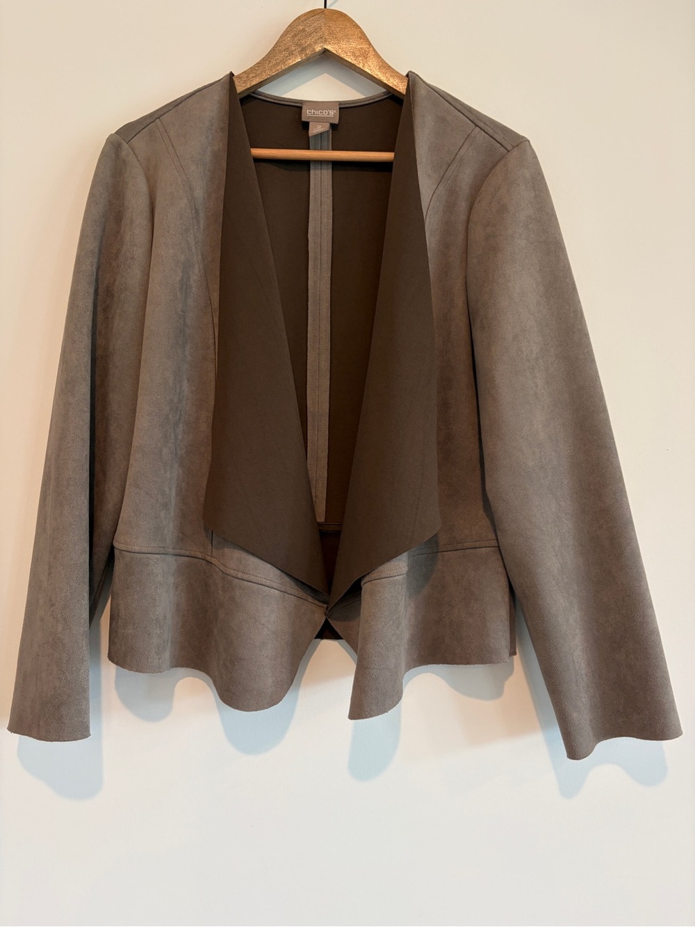 Chico's Faux Suede Drape Neck Open Front Blazer Jacket Taupe Size 2 / L